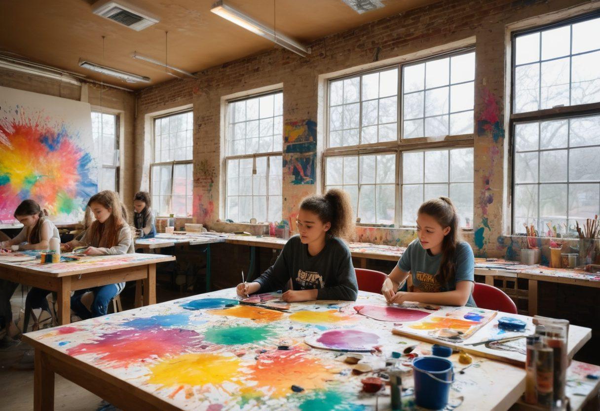 A vibrant workshop scene filled with diverse teenage artists passionately working on various art projects, such as painting, sculpting, and digital art. The background showcases colorful paint splatters and inspirational quotes on the walls, while each artist expresses their unique style and creativity. Bright light filters through large windows, illuminating their creativity. Include art supplies scattered around and a sense of collaboration and joy. super-realistic. vibrant colors. 3D.