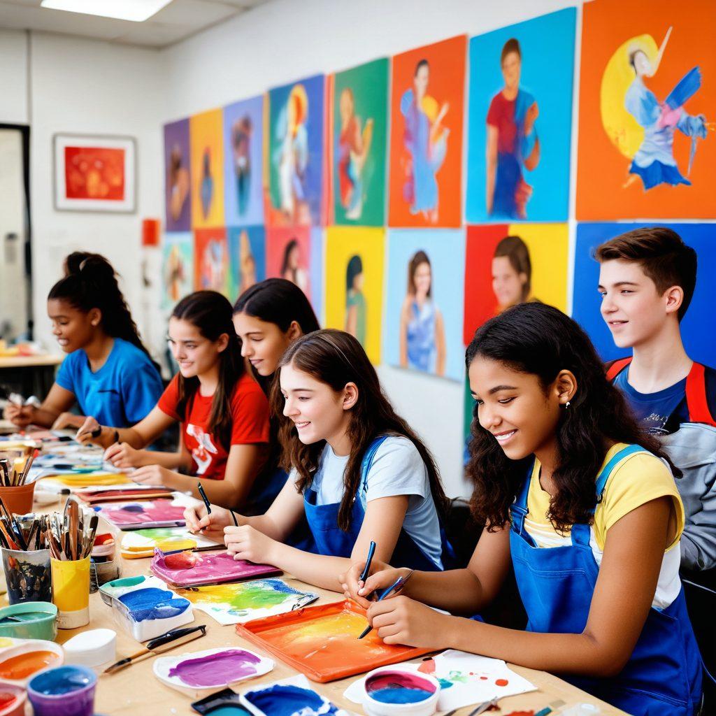 A vibrant workshop scene showcasing enthusiastic teens engaged in various artistic activities like painting, sculpture, and digital art. Include a diverse group of teens, expressions of joy and creativity portrayed vividly, surrounded by colorful art supplies and inspiring artworks on the walls. The room should radiate warmth and energy, encouraging creativity and expression. bright colors. dynamic composition. 3D.