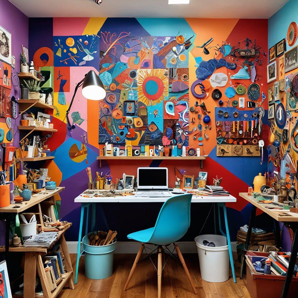 A vibrant collage showcasing young artists at work in a whimsical studio filled with unconventional tools and materials. Creatively depicted are a mural on the wall, colorful canvases, and eclectic sculptures, capturing a sense of innovation and artistic freedom. Bright colors burst throughout the scene, with abstract shapes and playful patterns that inspire creativity. super-realistic. vibrant colors. eclectic style.